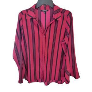 Relativity Button Front Top Burgundy Black Striped Bell Sleeve Womens Size Large